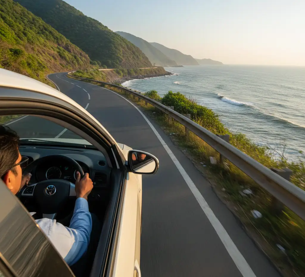Driver navigating narrow Konkan coastal road near Ratnagiri