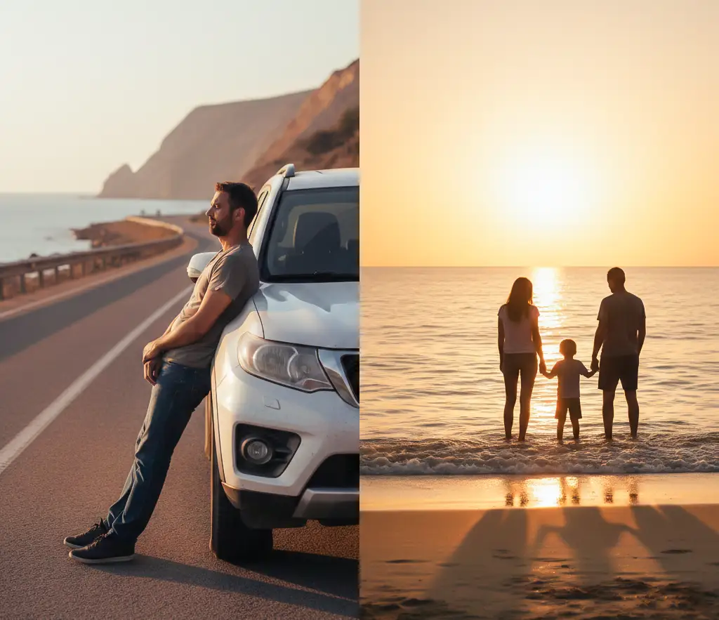Family enjoying Konkan beach after hiring cab vs tired self driver